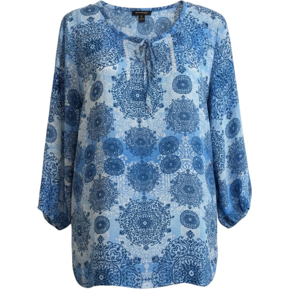 Avenue Womens Plus 26/28 Blue Medallion Paisley Sequin Tie Neck Sheer Blouse Top